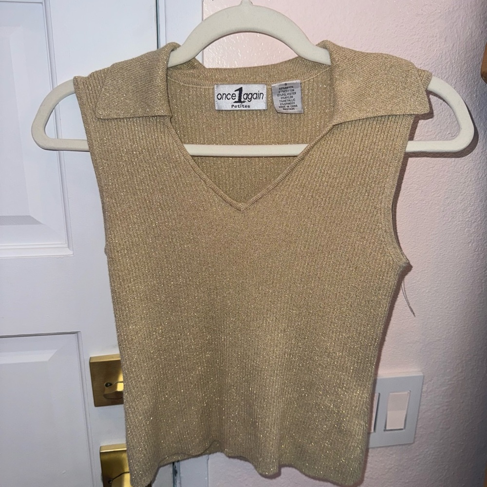 Once Again Tan Ribbed‎ Fitted Polo Tank Top Size S